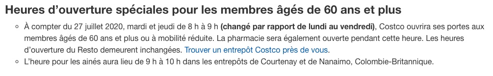 Nouvelles heures d'ouvertures pour les 60 ans et plus chez Costco.