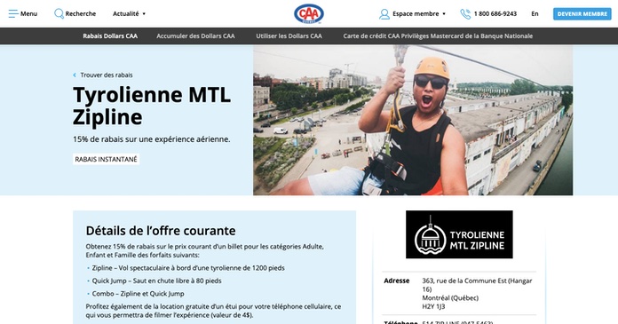 Rabais de 15% sur la Tyrolienne MTL Zipline pour les membres CAA Québec