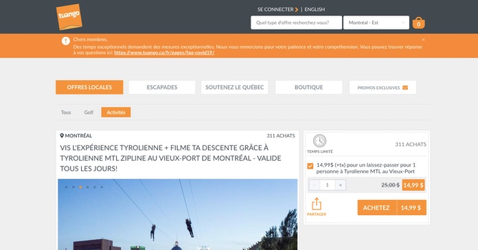 Grâce à Tuango profitez d'un rabais de 40% sur une descente en Tyrolienne dans le Vieux Port de Montréal