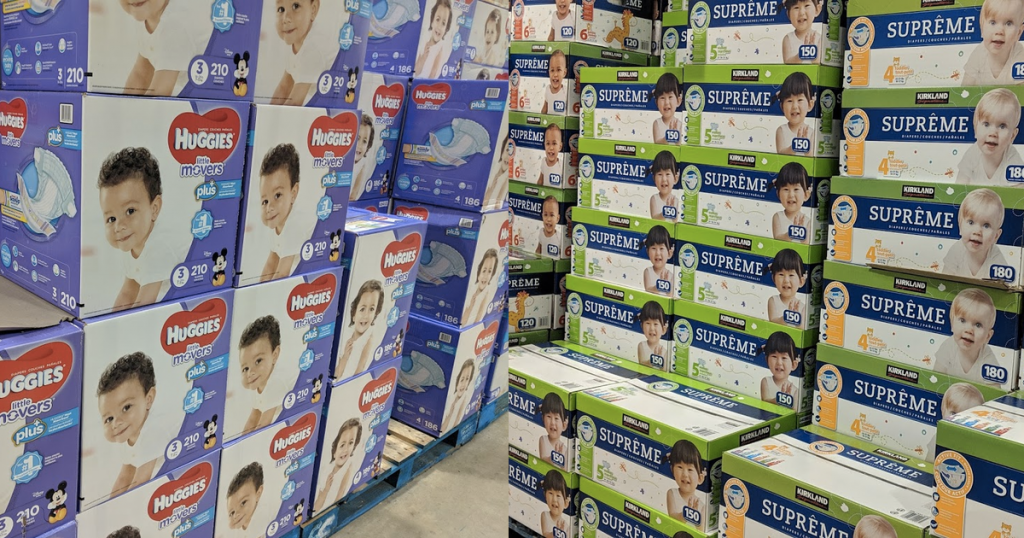 Profitez de rabais en achetant vos couches pour bébés chez Costco, que ce soit les couches Huggies ou couches Kirkland.
