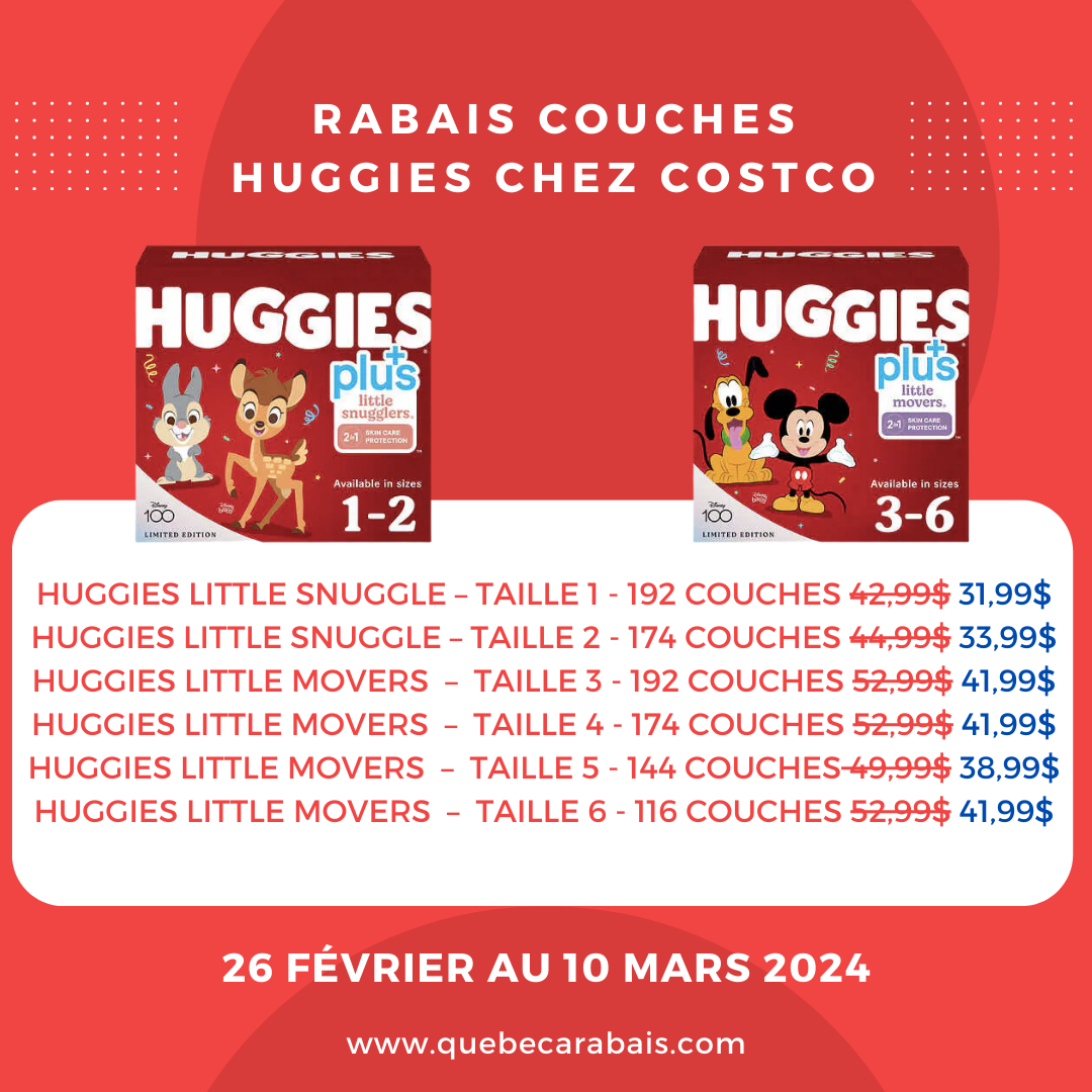 Tableau des prix et quantités de couches Huggies en rabais chez Costco